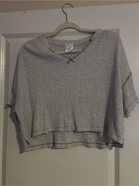 aerie Light Gray Waffle Knit Cropped Tee
